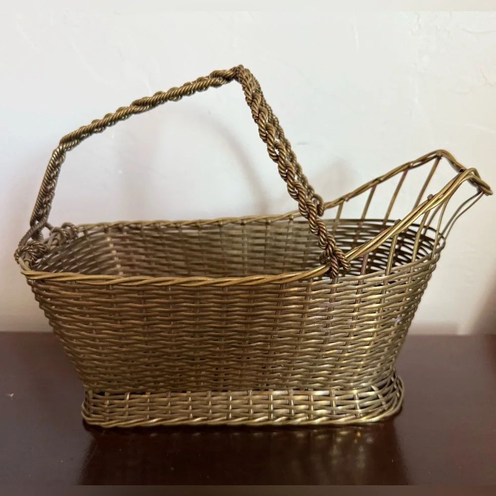 Antique French‎ Brass Gold Woven Basket wine holder caddy